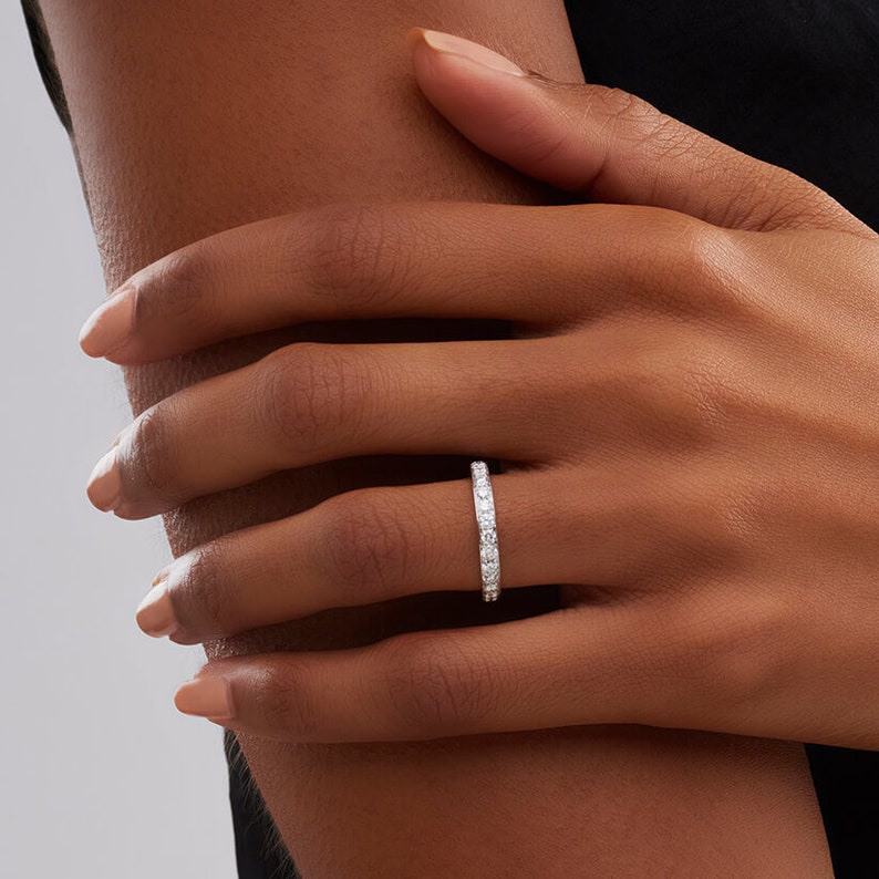 Bridal Anniversary Dainty Ring Band Delicate Full Eternity Moissanite Wedding Band In 10K14K18K WhiteYellowRose Solid Gold /& Silver