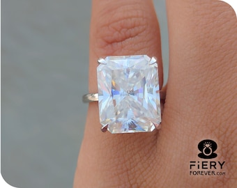 Big Size Solitaire Moissanite Anniversary Ring, Stunning 6.5/ 8.5/ 12 Carat Radiant Cut 4 Claw Prong Basket Set Plain Band Engagement Ring