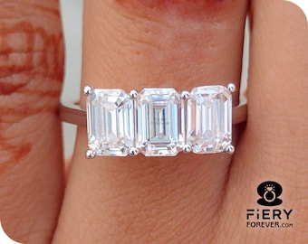 Three Stone Engagement Ring, 3 TCW Emerald Cut Colorless Moissanite Perfect Anniversary Gift Ring, Designer Trilogy Ring For Graduation Gift