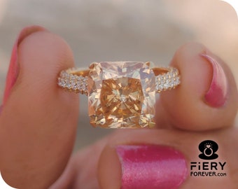 Art Deco 3 Row Pave Set Hidden Halo Designer Engagement Ring, Elegant 2.25/ 3/ 4.50 Carat Yellow Cushion Cut Moissanite Wedding Ring For Her