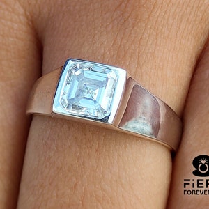 Bezel Set Classic Solitaire Men&#39;s Ring, 1.15/1.80/2.75 Carat Asscher Cut Colorless Moissanite Wedding Ring For Groom, Father&#39;s Day Gift Ring