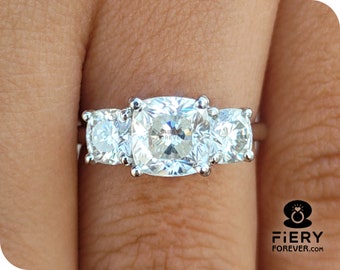 Classic Three Stone Ring: Cushion Cut Colorless Moissanite Solid Gold Anniversary Ring, Antique Trilogy Ring, Surprise Birthday Gift