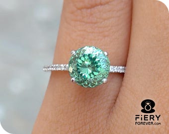2/ 2.75/ 4 Carat Fancy Green Portuguese Cut Moissanite Engagement Ring: 4 Prong Hidden Halo 3/4 Eternity Promise Ring, Gift For Girlfriend