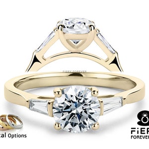 Fabulous 1 / 1.40 / 2 Carat Round With Side Taper Baguette Cut Moissanite Unique Trinity Engagement Ring, 3 Stone Ring For Mother&#39;s Day Gift