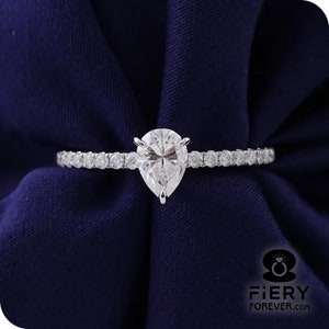0.75/ 1/ 1.40 Carat Colorless Pear Cut Moissanite Engagement Ring For Her, Dainty 3 Claw Prong Hidden Halo Wedding Ring, Mother's Day Gift