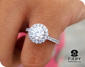 Delicate 1 / 1.5 / 2 Carat Round Cut Moissanite Engagement Ring, Halo With Accents Comfort Fit Designer Wedding Ring, Valentine's Gift Ring