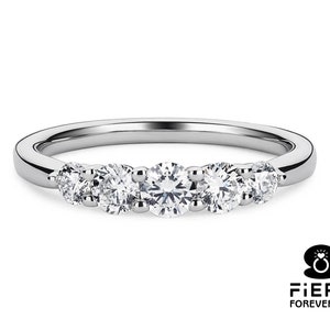 5 Stone Stackable Comfort Fit Band, Sparky Round Cut Colorless Moissanite Engagement Band, 5th Anniversary Gift Ring, Christmas Gift For Her image 2
