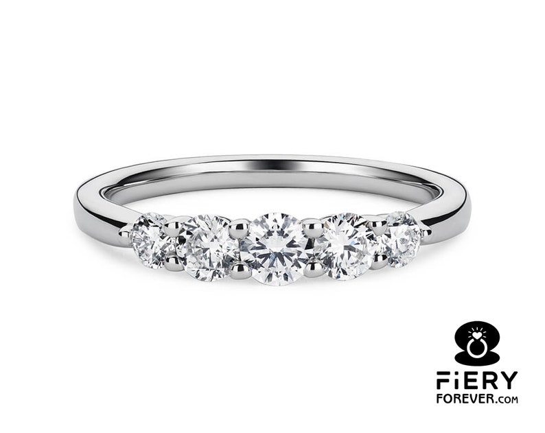 5 Stone Stackable Comfort Fit Band, Sparky Round Cut Colorless Moissanite Engagement Band, 5th Anniversary Gift Ring, Christmas Gift For Her image 2