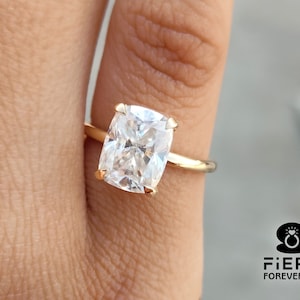 2.25/ 3.25/ 4 Carat Elongated Ice Crushed Cushion Cut Moissanite Engagement Ring, 4 Prong Hidden Halo Plain Band Designer Wedding Gift Ring