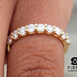 2.50 MM Round Brilliant Cut Moissanite Matching Wedding Band, 9 Stone Shared U Prong Half Eternity Stackable Band, Comfort Fit Band For Her
