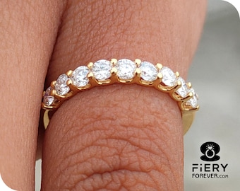 2.50 MM Round Brilliant Cut Moissanite Matching Wedding Band, 9 Stone Shared U Prong Half Eternity Stackable Band, Comfort Fit Band For Her