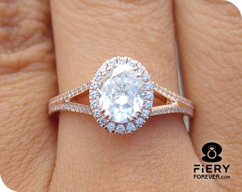 Double Row Pave Set Split Shank Designer Engagement Ring, Art Deco 1/ 1.5/ 2 Carat Oval Cut Moissanite Halo With Hidden Halo Ring For Ladies