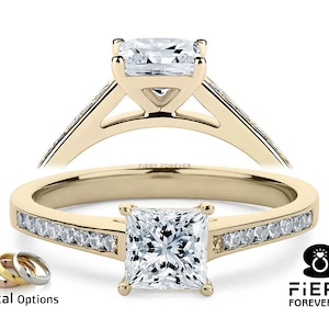 Sparky 1.25/ 2/ 3 Carat Princess Cut Colorless Moissanite Bridal Ring: Unique 4 Prong Channel Set Promise Ring, Birthday Gift For Ladies