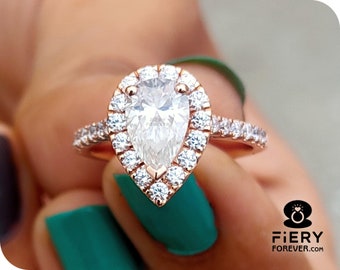 Vintage 1/1.5/2 Carat Pear Cut Moissanite Promise Ring, Designer Halo Cathedral Set Half Eternity Rose Gold Ring, Gorgeous Ring Gift For Her