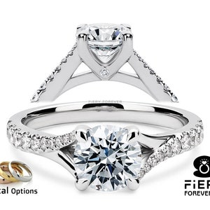 Designer Split Shank Bridge Accents Ring, Art Deco 1 / 1.5 / 2 Carat Round Brilliant Cut Moissanite Wedding Ring, Christmas Gift For Mother