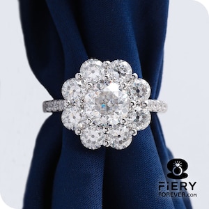 Flower Shape Cluster Halo Designer Wedding Ring, Vintage Style 3.40 TCW Old European Cut Moissanite Engagement Ring, Party Wear Ring For Her