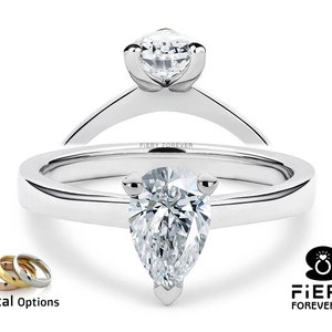 Fiery 1.35/ 2/ 2.6 Carat Pear Cut Moissanite White Gold Bridal Ring, 3 Prong Plain Band Classic Solitaire Ring, Promise Gift For Special One