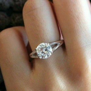 Split Shank Moissanite Ring: 10K Solid White/Yellow/Rose Gold Solitaire Ring For Engagement, 7.5 MM 1.50 Carat Round Cut Wedding Ring