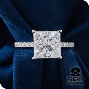 Unique Hidden Halo Open Gallery Ring, 2/ 3/ 4 Carat Princess Cut Moissanite Bridal Wedding Ring, Dainty 4 Prong Pave Accent Engagement Ring