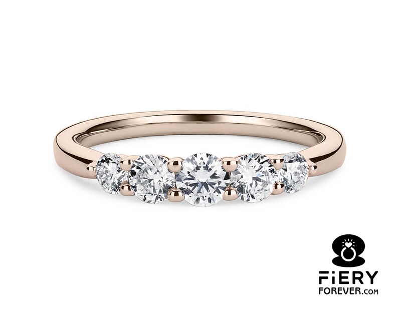 5 Stone Stackable Comfort Fit Band, Sparky Round Cut Colorless Moissanite Engagement Band, 5th Anniversary Gift Ring, Christmas Gift For Her image 6
