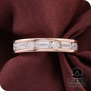 Channel Set Wedding Band, Sparky Baguette With Round Cut Moissanite Engagement Band, 3/4 Eternity Matching Wedding Band For Anniversary Ring
