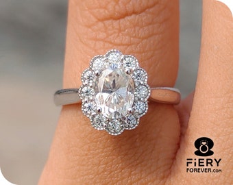 Vintage 1/ 1.40/ 2 Carat Oval Cut Moissanite Engagement Ring: 4 Prong Cathedral Set Antique Milgrain Halo Promise Ring, Gift For Wifey