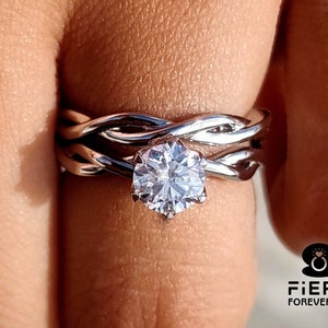 Bridal Set, Solitaire Tulip Basket Twist Shank Infinity Ring, 0.75/1.15/1.75 Carat Round Moissanite Ring With Matching Wedding Band For Gift
