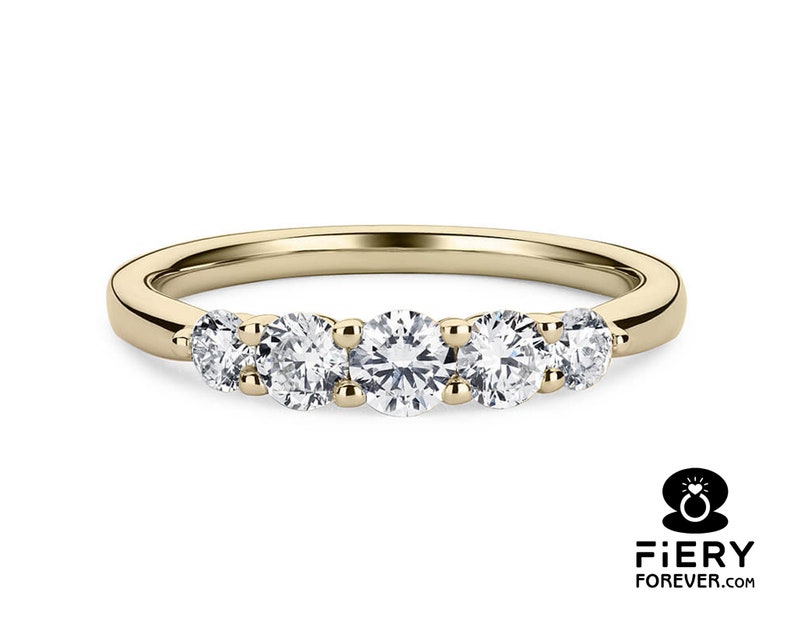 5 Stone Stackable Comfort Fit Band, Sparky Round Cut Colorless Moissanite Engagement Band, 5th Anniversary Gift Ring, Christmas Gift For Her image 4