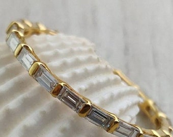 Delicate Beautiful Colorless Baguette cut Moissanite Full Eternity Wedding Band in 10K/14K/18K Solid White/Yellow/Rose Gold, Minimalist Ring