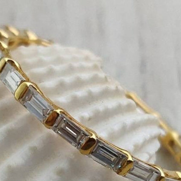 Solid Gold Eternity Wedding Band: 4x2mm East West Baguette Cut Moissanite Stacking Band, Bar Setting Band, Minimalist Ring, Christmas Gift