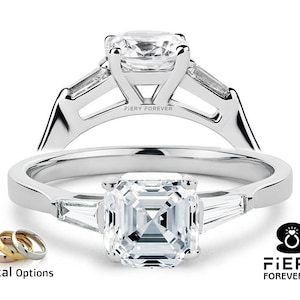 Triple Stone Ring, Fiery 1.15/ 1.8/ 2.75 Carat Asscher With Side Taper Baguette Cut Moissanite Trilogy Designer Wedding Ring, Labor Day Gift