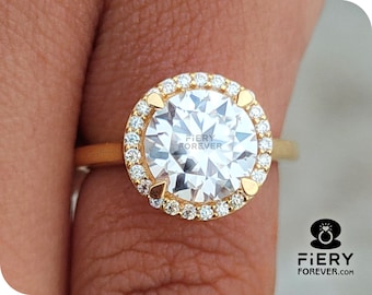 1.15/1.75/2.5 Carat Round Cut Moissanite Promise Ring, Vintage Halo With Plain Band Cathedral Set Engagement Ring, Memorial Day Gift For Her