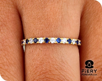 Alternate Stone Set Stacking Band Gift For Her, Amazing Round Brilliant Cut Colorless Moissanite & Blue Sapphire Half Eternity Wedding Band