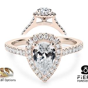 1/ 1.40/ 2 Carat Moissanite Ring: 3 Prong Halo Pear Cut Engagement Ring, Hidden Halo Cathedral Set Designer Wedding Ring, Valentine's Gifts