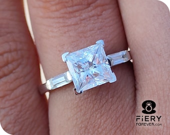 Three Stone Ring, 1.25 / 2 / 3 Carat Colorless Princess With Side Baguette Cut Moissanite Anniversary Gift Ring, Handmade Jewelry For Ladies