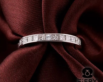 Channel Set Wedding Band, Stunning Princess Cut Moissanite Engagement Band, Square Stone Designer 3/4 Eternity Matching Band For Bridal Ring