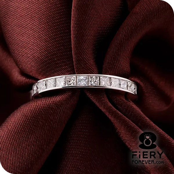 Channel Set Wedding Band: Stunning Princess Cut Moissanite Engagement Band, Square Stone Designer 3/4 Eternity Matching Band For Bridal Ring