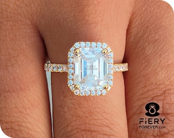 Designer Halo With Hidden Halo Ring, 1.6/ 2.25/ 3.5 Carat Emerald Step Cut Moissanite Cathedral Set 1/2 Eternity Engagement Ring For Fiancée