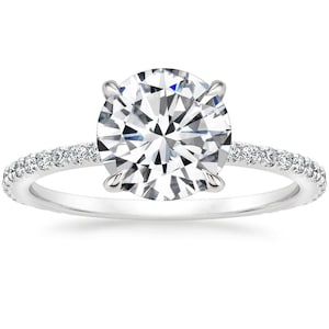 Delicate Hidden Halo Micro Pave Set 8.5mm 2 Carat Colorless Moissanite Ring, Unique Claw Prong Set Moissanite Ring, Anniversary Bridal Ring