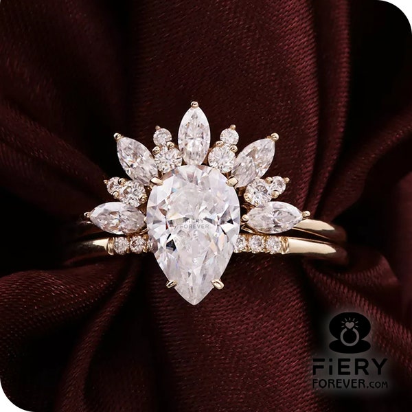 Bridal Set, Vintage 1.4/ 2/ 2.6 Carat Pear Cut Moissanite Engagement Ring, U Shape Curved Matching Wedding Band, 10k/14k/18k Solid Gold Ring