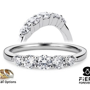 5 Stone Stackable Comfort Fit Band, Sparky Round Cut Colorless Moissanite Engagement Band, 5th Anniversary Gift Ring, Christmas Gift For Her image 1