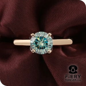 Solitaire 1/ 1.50/ 2.25 Carat Blue Green Round Cut Moissanite Engagement Ring, Four Prong Tulip Basket Set Anniversary Ring, Daily Wear Ring