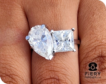 Emily Ratajkowski Celebrity Style Anniversary Ring, Toi Et Moi 5.50 TCW Two Stone Princess With Pear Cut Colorless Moissanite Platinum Ring