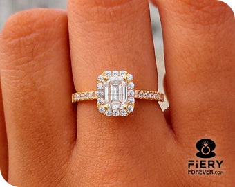 Splendid Handmade Pave Set Halo Engagement Ring, Lovely 1/ 1.6/ 2.25 Carat Emerald Step Cut Moissanite Designer Ring For New Year's Eve Gift