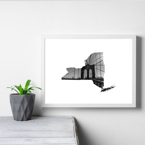New York State Framed Wall Decor, New York Map Print, New York Brooklyn Bridge Wall Art, Modern Wall Art, New York Gift, Housewarming Gift
