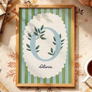 May include: A rectangular wooden frame containing a print with a light blue letter O decorated with green leaves, centred on a cream-coloured scalloped oval background with small dots, set against a green and blue striped backdrop with the name Olivia.