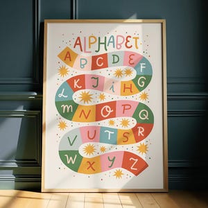 Alfabeto / Stampe artistiche educative per bambini / Arte per la cameretta dei bambini / Arte murale per bambini / Illustrazione alla moda per bambini / Arte unica e colorata per la sala giochi