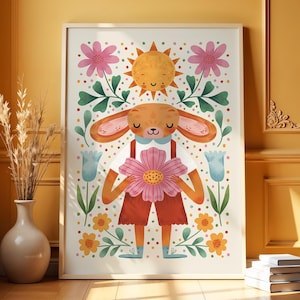 Cute Rabbit II | Kid&#39;s Art Print | Children&#39;s Room Boho Print | Wall Art for Kids | Illustration for Kids | Colorful Unique Playroom Art