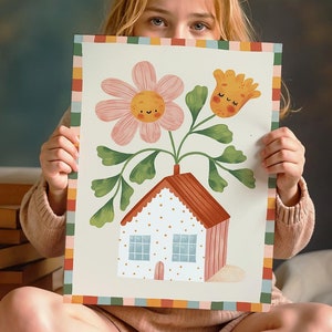 Home floreale / Stampe artistiche per bambini / Stampe boho per camerette / Arte murale per bambini / Illustrazione per bambini / Arte unica colorata / Arte per la sala giochi