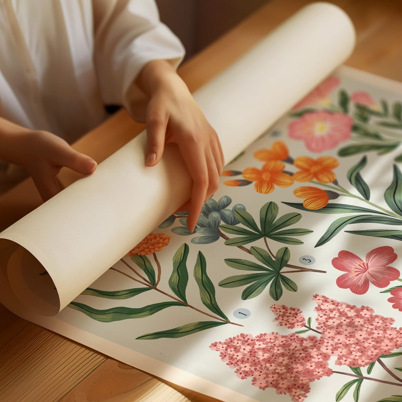 K&ouml;nnte beinhalten: Ein aufgerollter Druck mit botanischen Illustrationen verschiedener Blumen und Pflanzen. Der Druck ist auf wei&szlig;em Hintergrund mit gr&uuml;nen Bl&auml;ttern und rosa, orangefarbenen und blauen Bl&uuml;ten. Der Druck ist mit 1, 2 und 3 nummeriert.